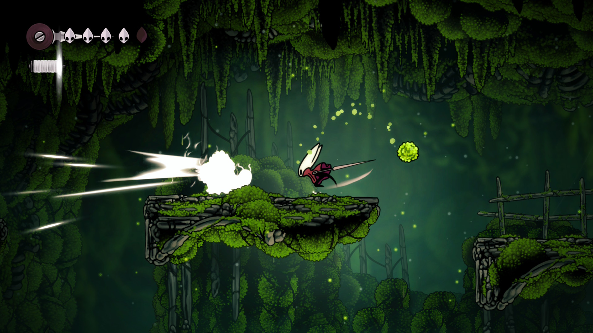A pilgrim spews a green glob at Hornet in Hollow Knight: Silksong, but not before Hornet can slash it to pieces