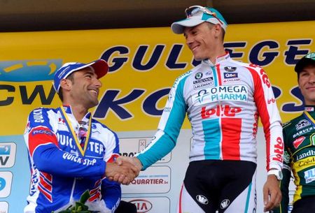 Gilbert and Chicchi shake hands after the race.