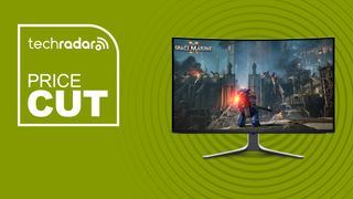 The Alienware AW3225QF 4K QD-OLED monitor on a green background with white price cut text