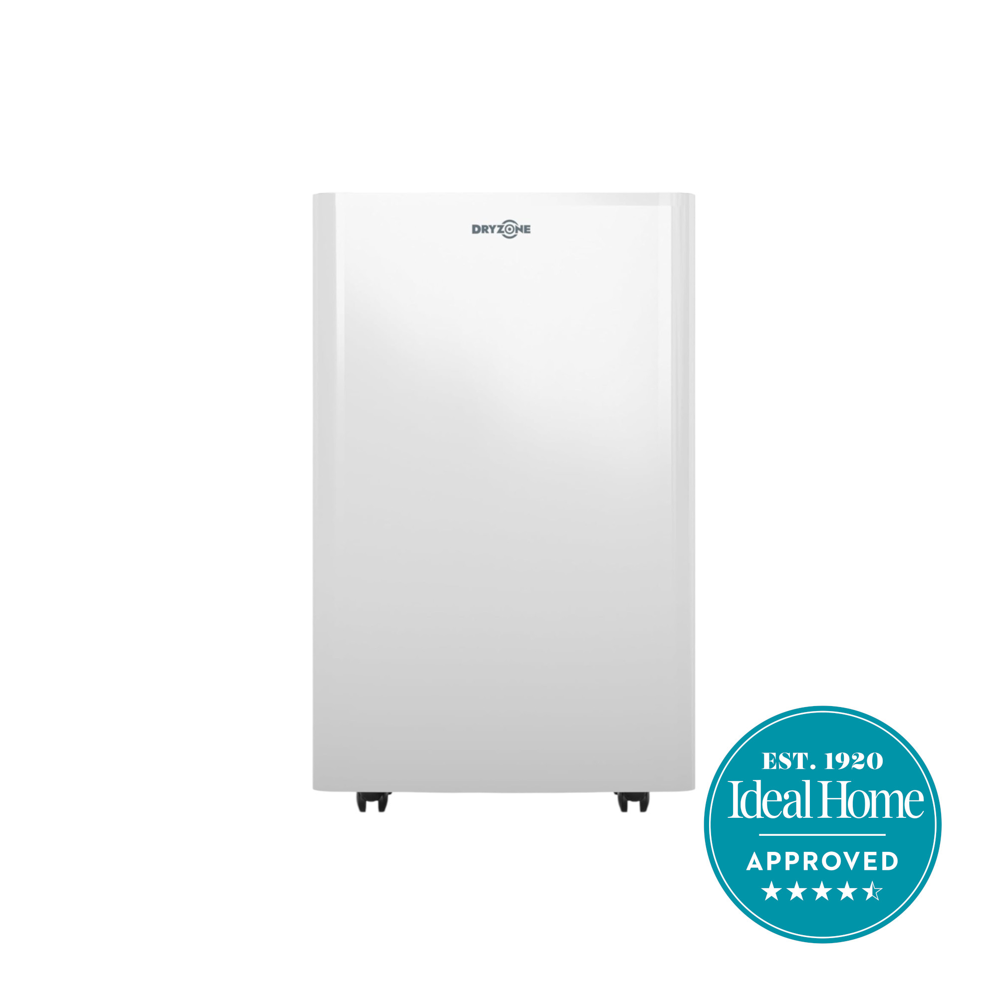 dryzone dehumidifier and air purifier on a white background with an ideal home approved badge