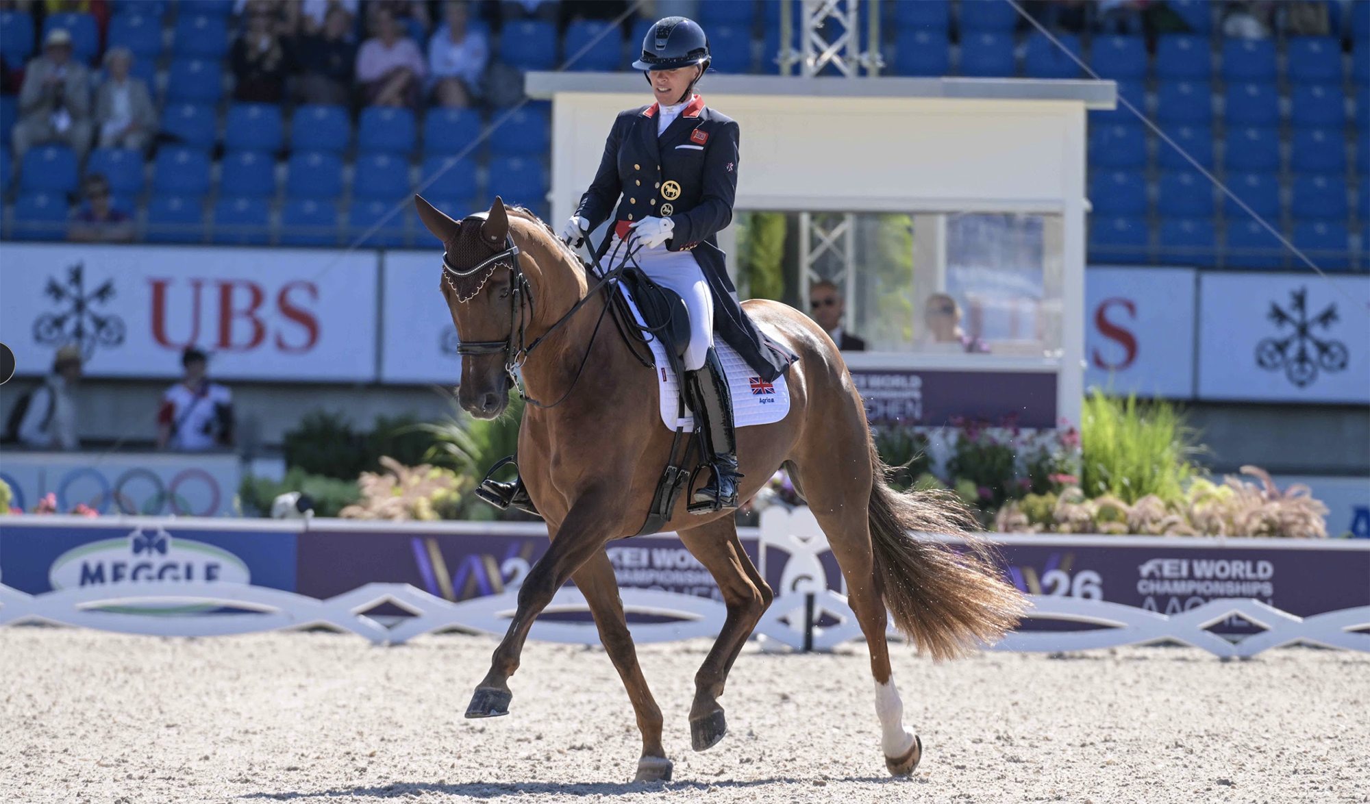 Fiona Bigwood and Donna Bella in extended trot in the Aachen dressage arena