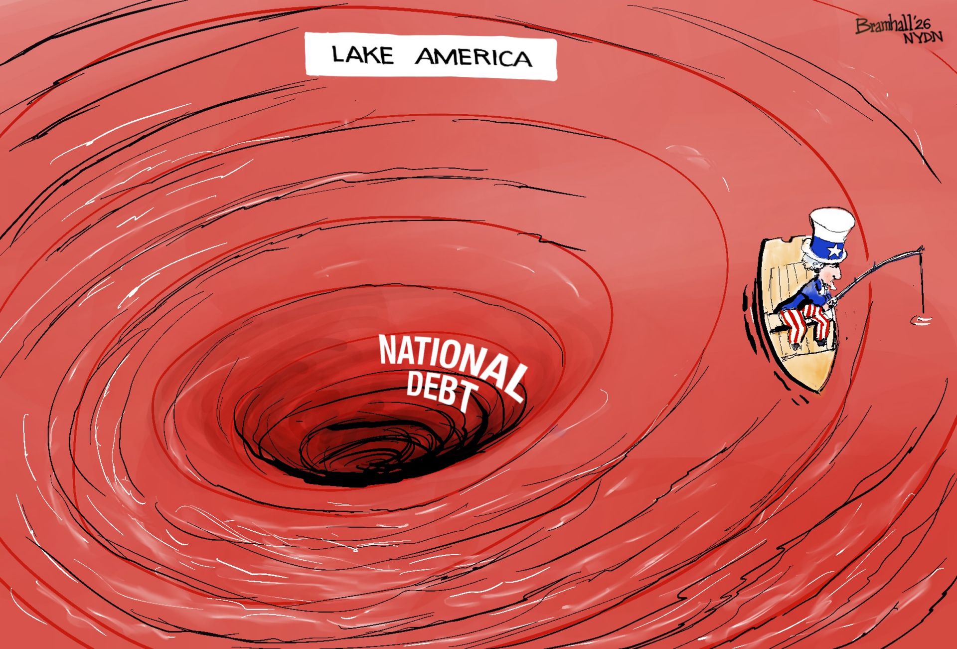 
                                This cartoon is titled "Lake America". It depicts Uncle Sam in a boat that is stuck in a whirlpool. The boat is being pulled down into a black hole labeled "National Debt".
                            