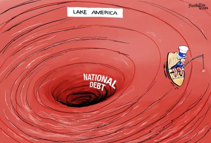This cartoon is titled "Lake America". It depicts Uncle Sam in a boat that is stuck in a whirlpool. The boat is being pulled down into a black hole labeled "National Debt".