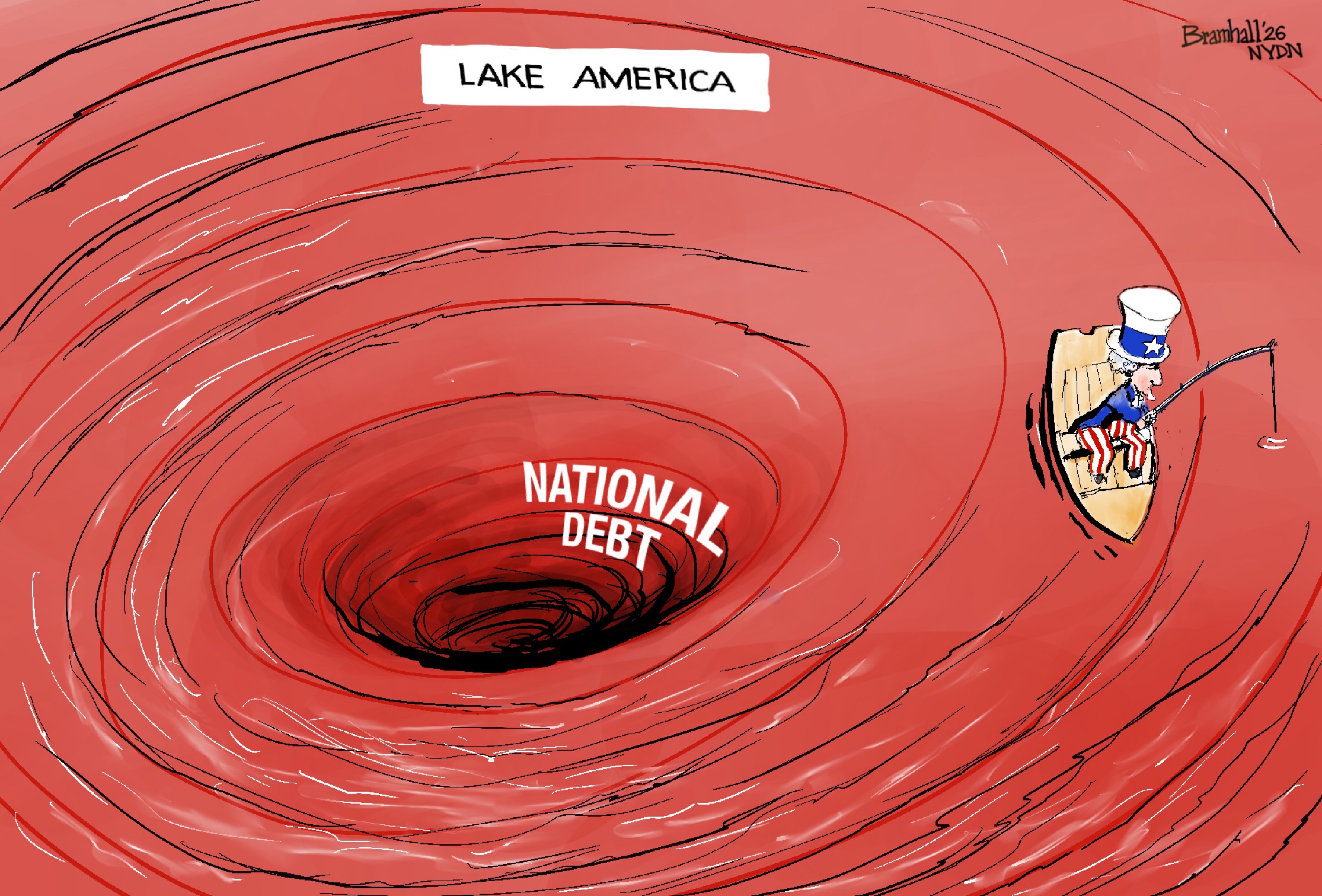 This cartoon is titled "Lake America". It depicts Uncle Sam in a boat that is stuck in a whirlpool. The boat is being pulled down into a black hole labeled "National Debt".