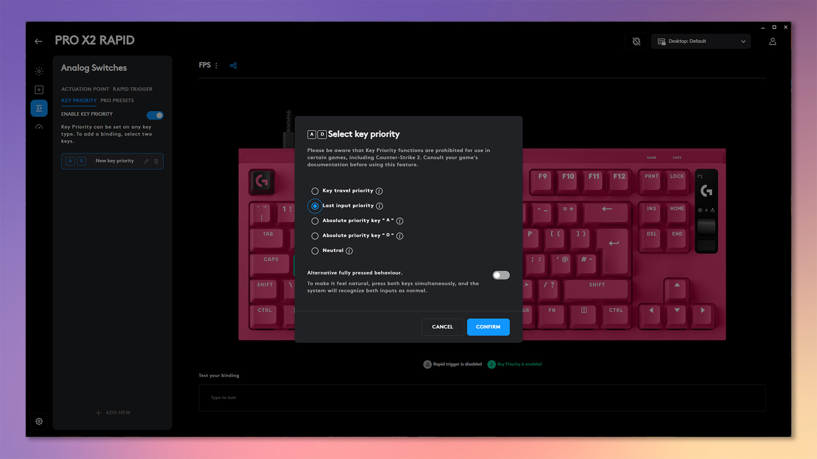 A screenshot showing the Logitech G Pro X2 Rapid keyboard being customized in Logitech's G Hub software.