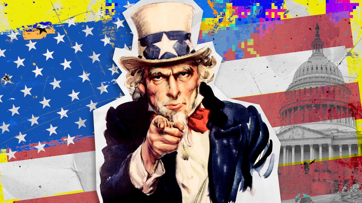 Punk Pop-Art styled scrapbook-like image of Uncle Sam pointing towards the viewer with a rudimentary American flag in the background with an overlay of the Capitol Hill building.