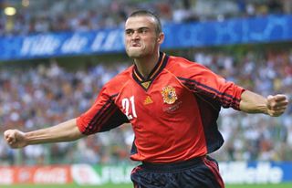 Luis Enrique celebrates after scoring for Spain against Bulgaria at the 1998 World Cup.