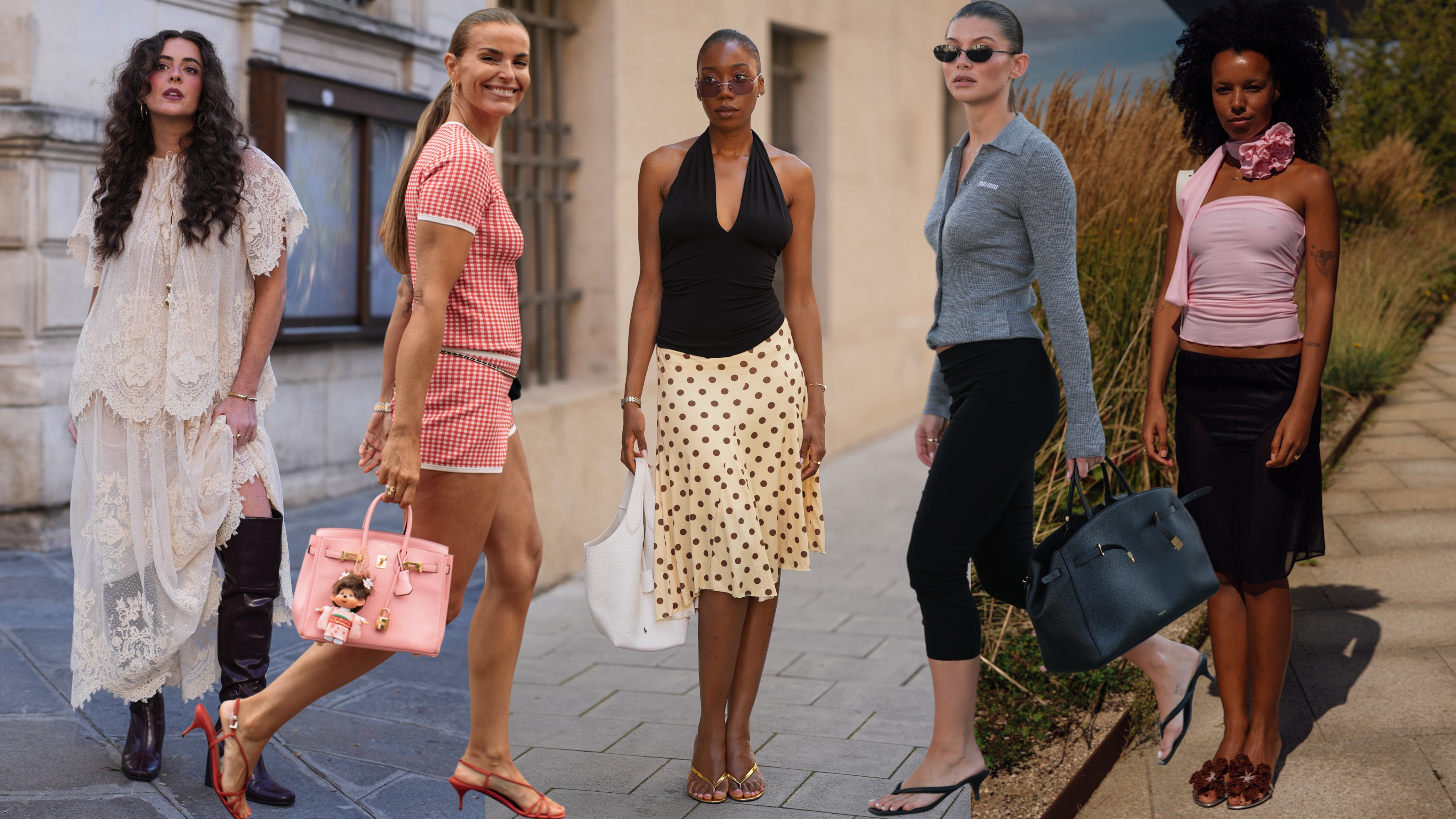 woman wearing a dress and boots; woman wearing a co-ord and heels; woman wearing a halter top and a polka dot dress; woman wearing a top and capri pants; woman wearing a slip skirt and a top