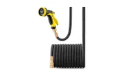 best garden hose: GroHoze Expandable Connector garden Hose, black and yellow, shown compacted