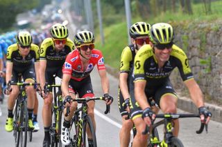 Race leader Simon Yates (Mitchelton Scott) follows his teammates