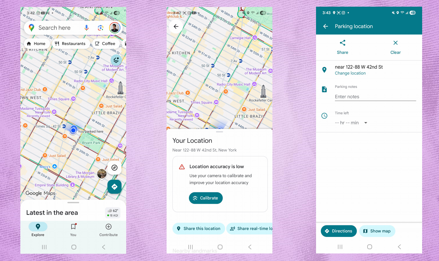 Google Maps parking spot location screenshots.