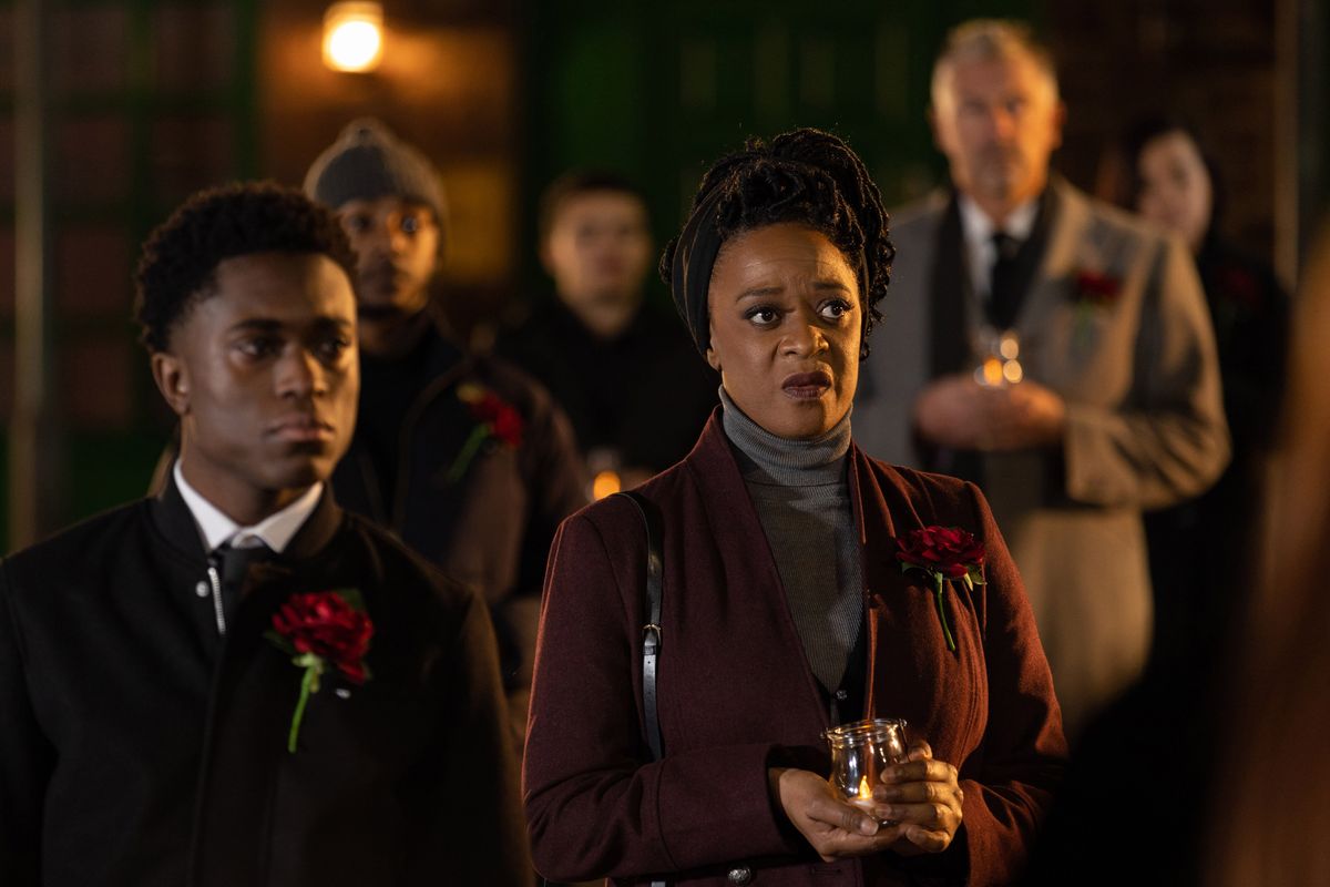 Family gather for the funeral of Celeste Faroe in Hollyoaks.