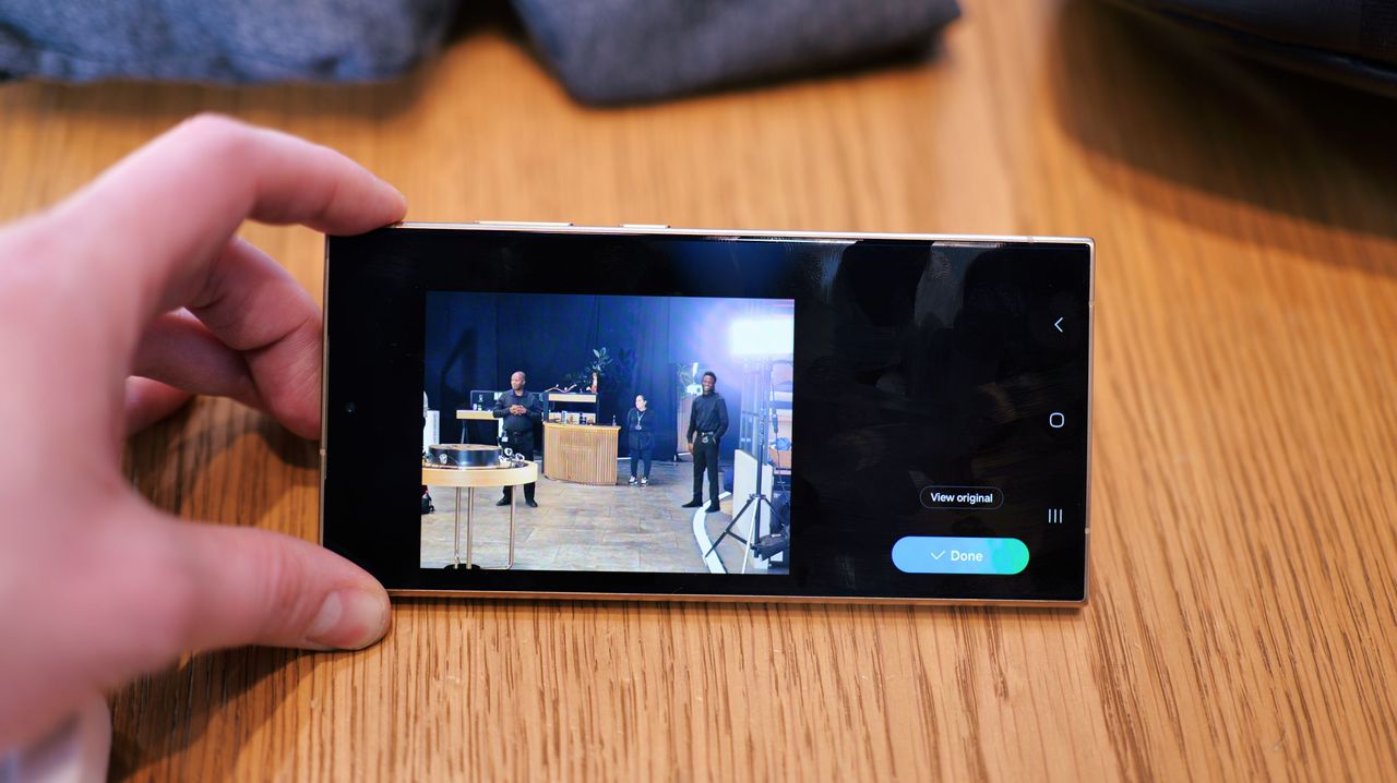 Samsung Galaxy S24 Ultra phone showing the camera app held in a hand