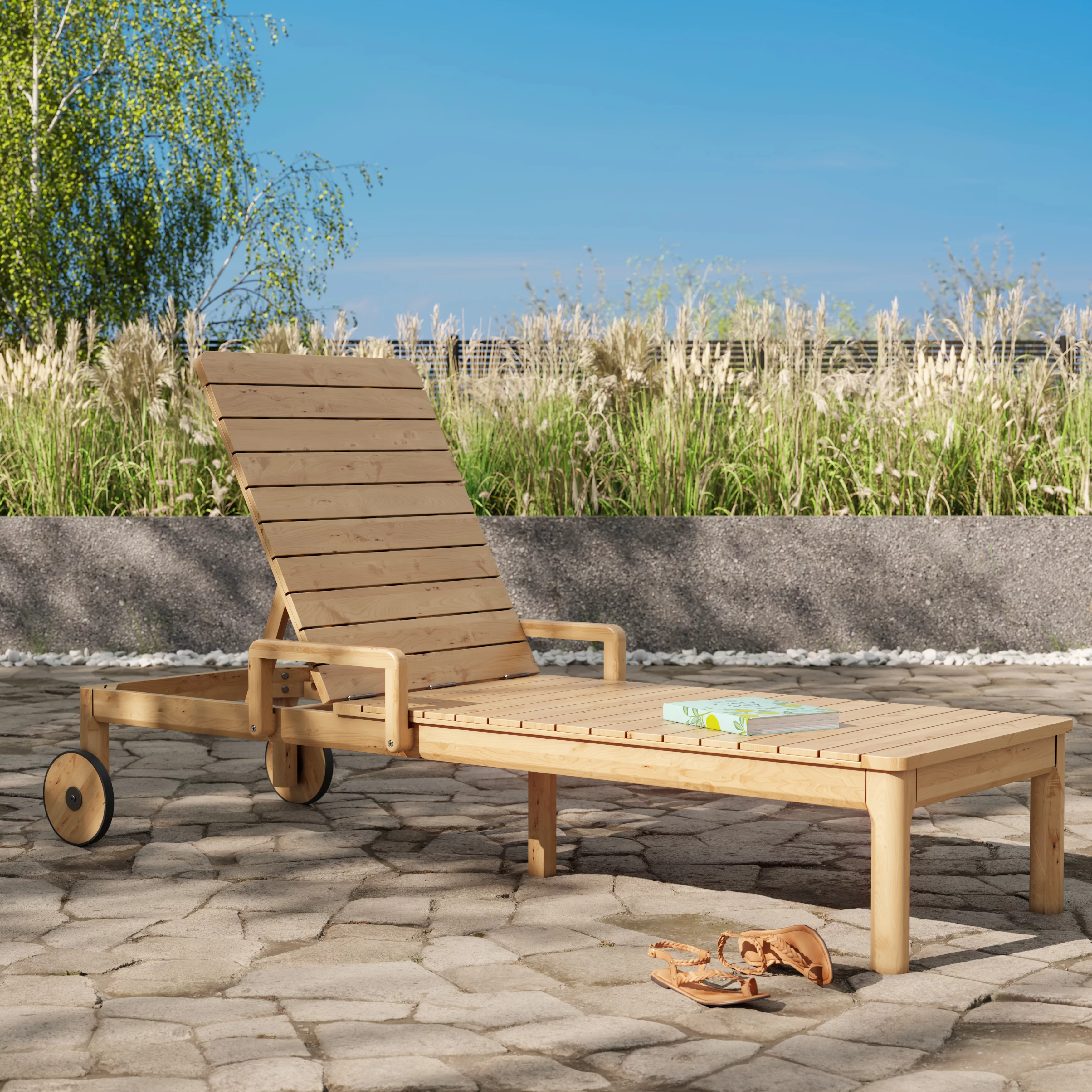 Goodhome Riveo Natural Wooden Sun Lounger