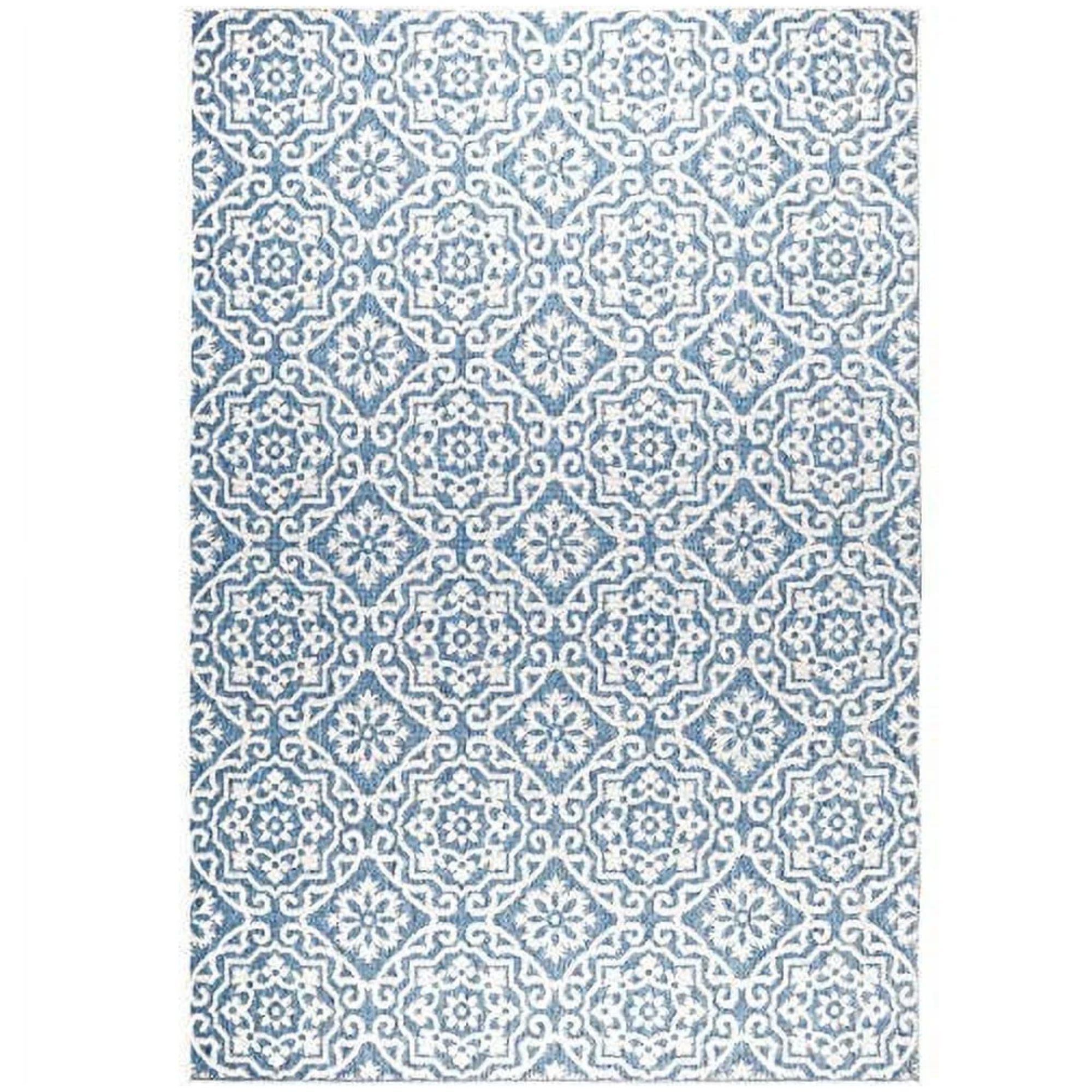 A blue and white patterned rug
