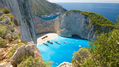 Navagio Beach, or Shipwreck Beach on the coast of Zakynthos, one of the best Greek islands to visit