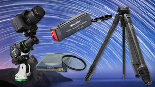 Some of the best camera accessories for astrophotography against a star trail background.