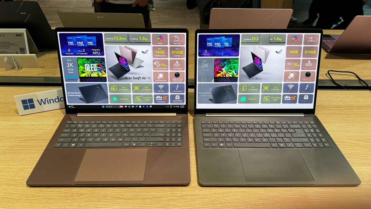 Acer Swift Air 16 laptop, focusing on the screen, ports, and keyboard