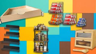 Selection of kitchen storage solutions against a background of colored pieces of paper