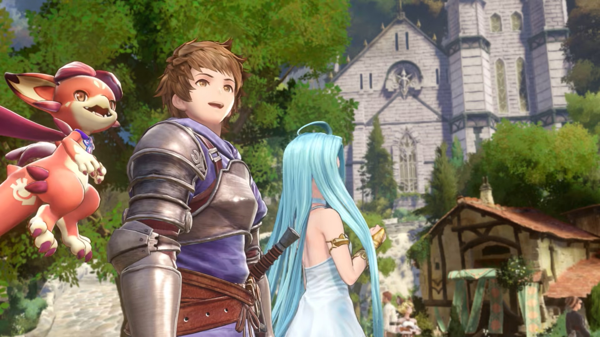 Granblue Fantasy: Relink - Endless Ragnarok screenshot showing three characters looking out happily towards a village