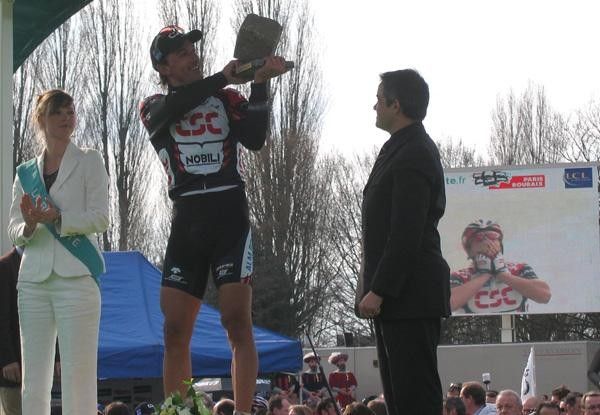 Fabian Cancellara (CSC) on stage and on screen