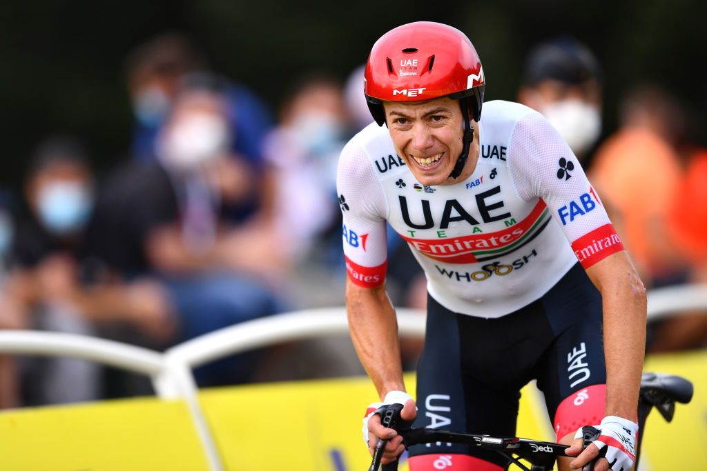 LA PLANCHE FRANCE SEPTEMBER 19 Arrival David De La Cruz Melgarejo of Spain and UAE Team Emirates during the 107th Tour de France 2020 Stage 20 a 362km Individual Time Trial stage from Lure to La Planche Des Belles Filles 1035m ITT TDF2020 LeTour on September 19 2020 in La Planche France Photo by Stuart FranklinGetty Images