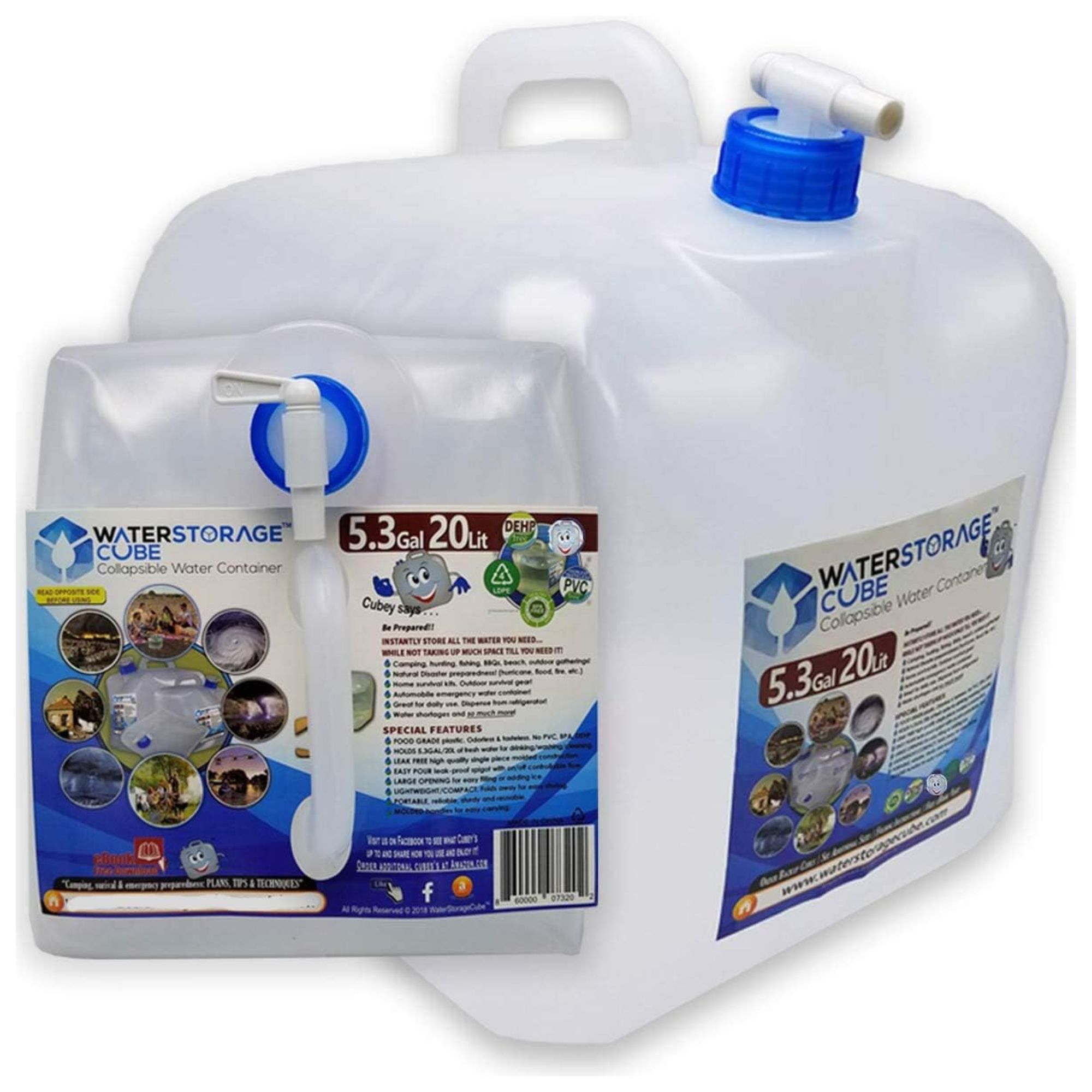 Collapsible water container with blue lid and white spigot