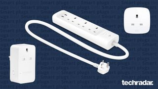 The Amazon Smart Plu, TP-Link Kasa KP3030 power strip and Eve Energy smart plugs on a blue background