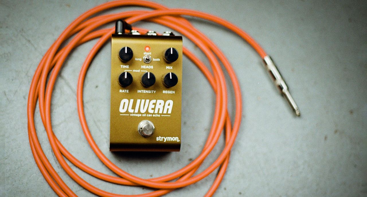 The Strymon Olivera is a five-knob stompbox in bronze-brown that offers an emulation of an oil-can delay