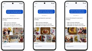 Phone mockups showing how Google Photos' new AI features will work