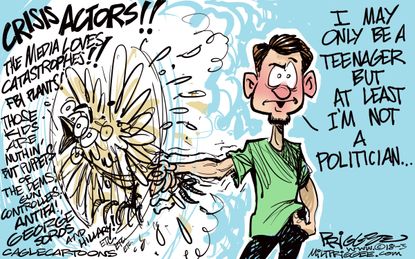 Political cartoon U.S. Parkland mass shooting crisis actors student protests schoo