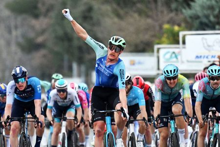 Dorian Godon celebrates at finish line as stage 2 winner during the 57th Tour des Alpes Maritimes et du Var 2025