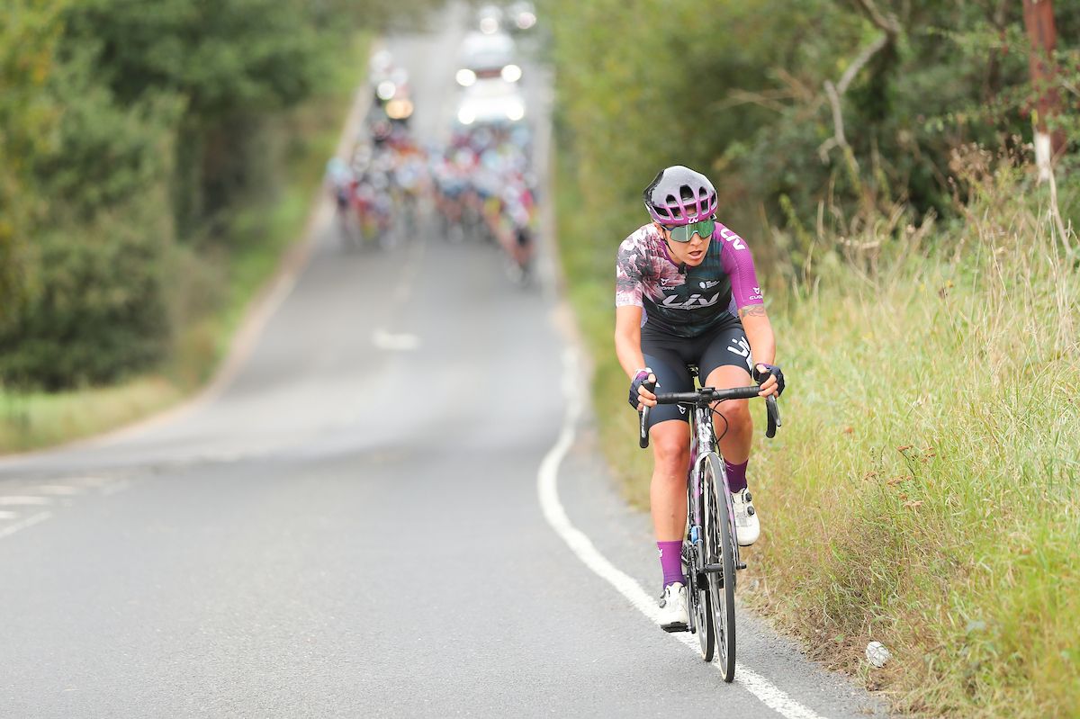 Picture by Alex Whitehead/SWpix.com - 08/10/2021 - Cycling - AJ Bell Women's Tour of Britain - Stage Five: Colchester to Clacton-on-Sea, England - Liv Racing's Soraya Paladin breaks from the peloton.