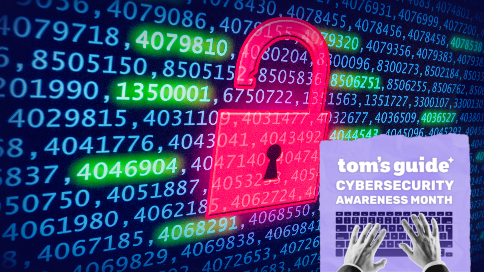 An open lock with numbers behind it with a Tom's Guide Cybersecurity Awareness Month badge