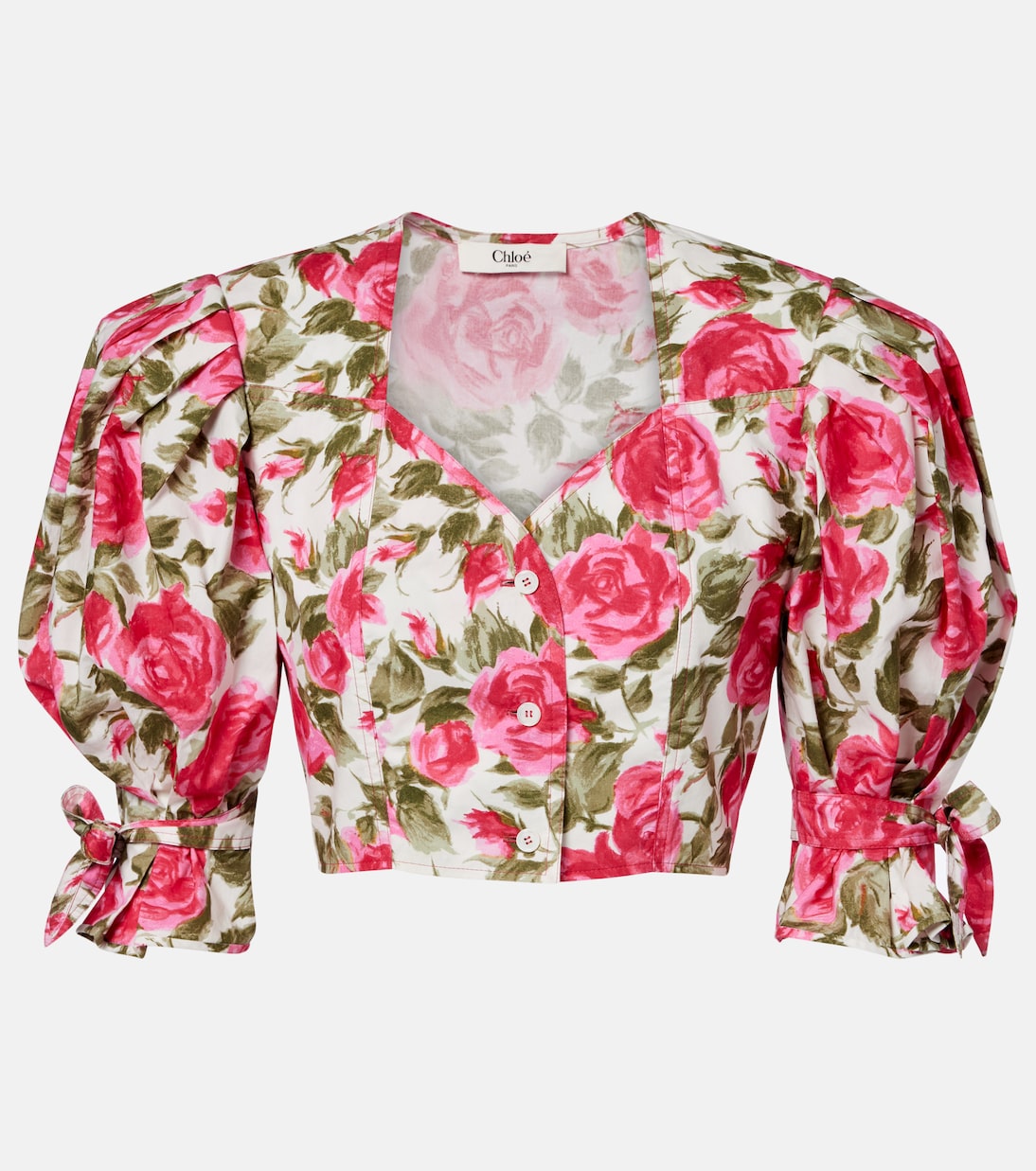 Floral Cropped Puff-Sleeve Cotton Blouse in Pink - Chloe