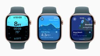 Three units of the Apple Watch Series 10 showing screenshots of the new depth sensor and tides tracking features