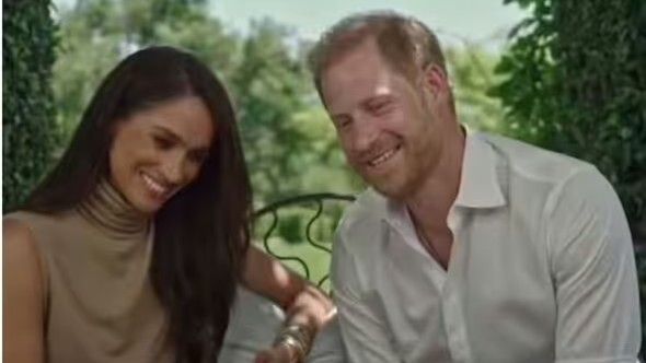 Prince Harry and Meghan Markle in the garden of their home in Montecito