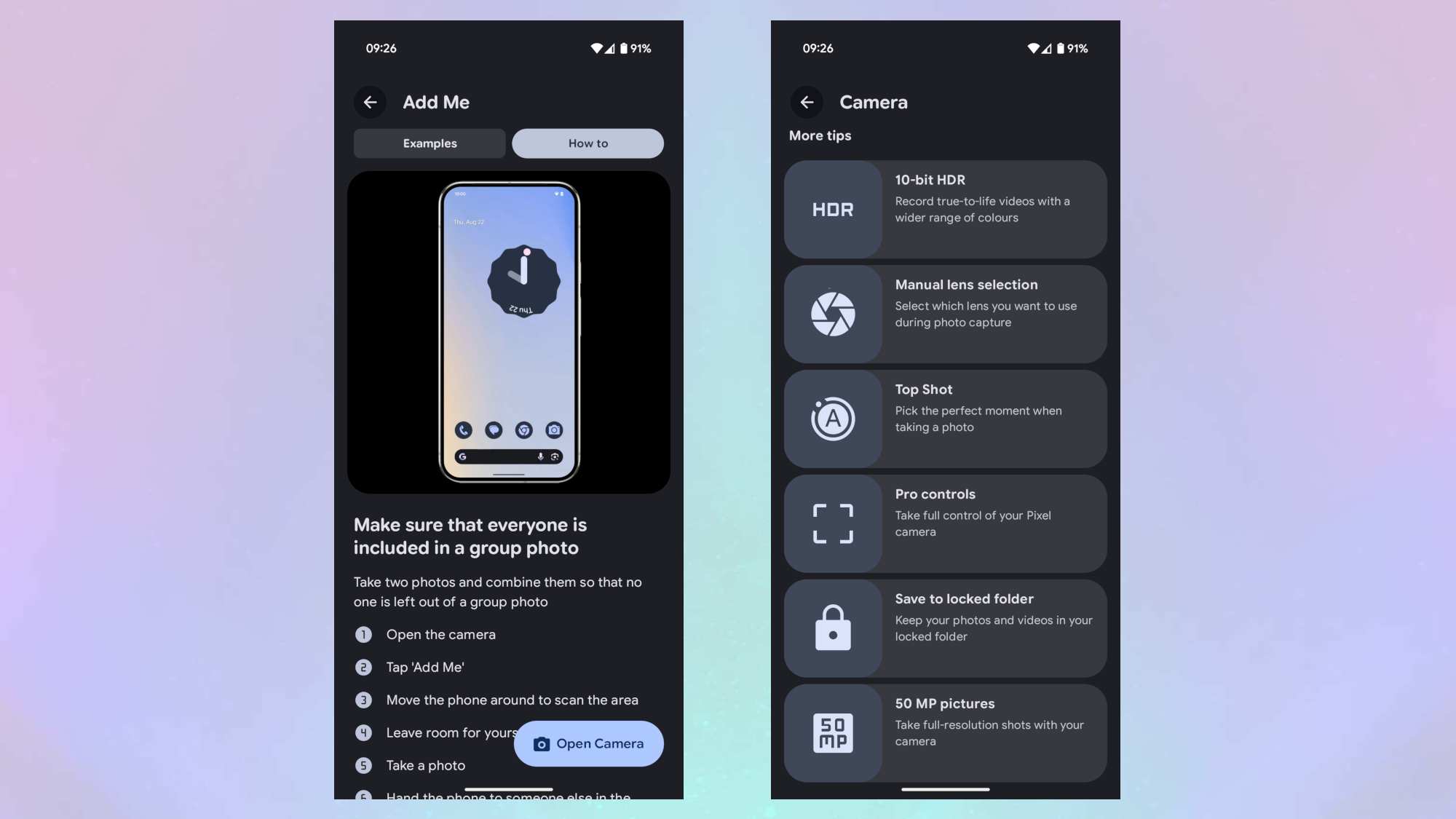 Pixel education hub recording options and open camera button