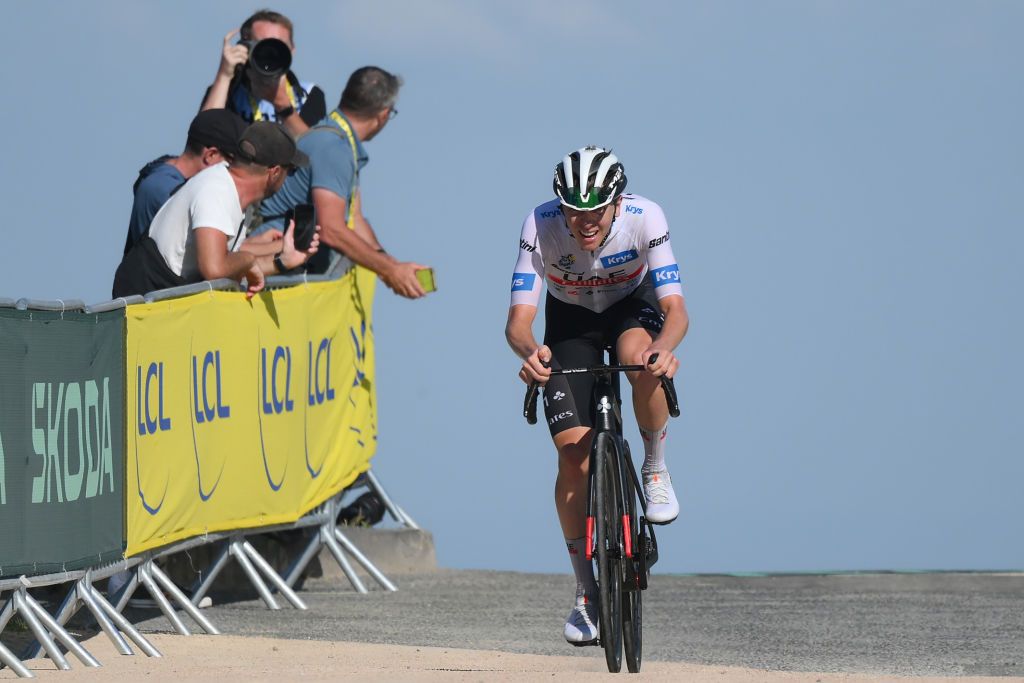 PUY DE DME FRANCE JULY 09 Tadej Pogacar of Slovenia and UAE Team Emirates White Best Young Rider Jersey crosses the finish line during the stage nine of the 110th Tour de France 2023 a 1824km stage from SaintLonarddeNoblat to Puy de Dme 1412m UCIWT on July 09 2023 in Puy de Dme France Photo by David RamosGetty Images
