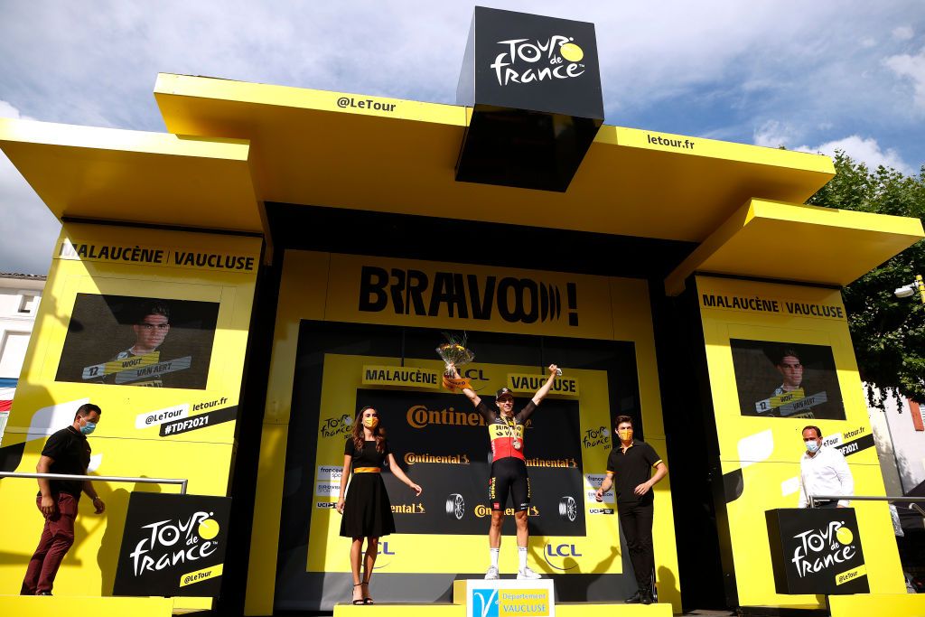 MALAUCENE FRANCE JULY 07 Wout Van Aert of Belgium and Team JumboVisma stage winner celebrates at podium during the 108th Tour de France 2021 Stage 11 a 1989km km stage from Sorgues to Malaucne LeTour TDF2021 on July 07 2021 in Malaucene France Photo by Chris GraythenGetty Images