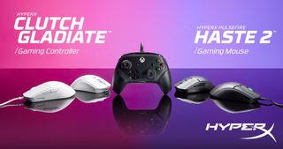 HyperX Clutch Gladiate and Pulsefire Haste 2 against colored background.