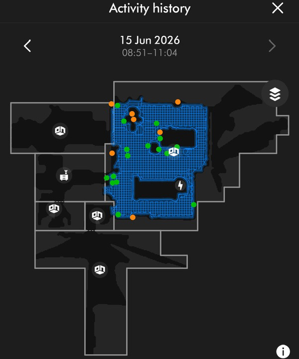 MyDyson app activity history showing a 2D clean map with stain and obstacle icons