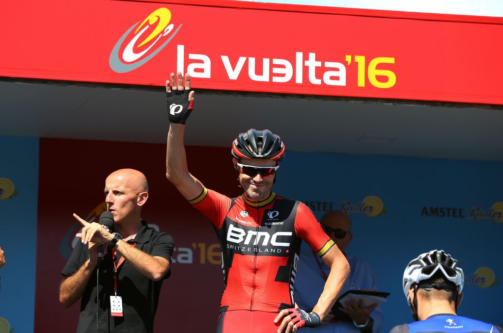 A smile and wave on the podium fromSamuel Sanchez (BMC)