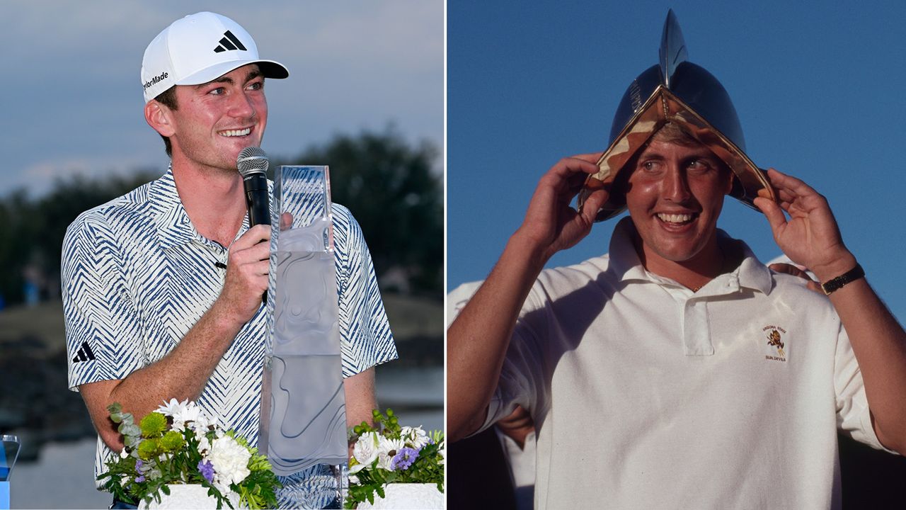 Nick Dunlap holds a microphone and speaks to the crowd. Phil Mickelson tries on a helmet