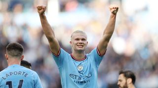 Erling Haaland of Manchester City celebrates after scoring his team's second goal with a penalty during the Premier League match between Manchester City and Brighton & Hove Albion on 22 October, 2022 at the Etihad Stadium in Manchester, United Kingdom.