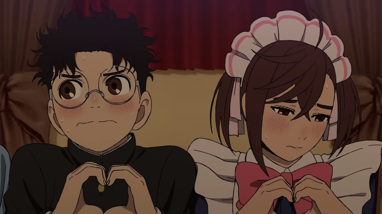 Momo and Okarun making heart symbols with their hands in Dan Da Dan Season 2