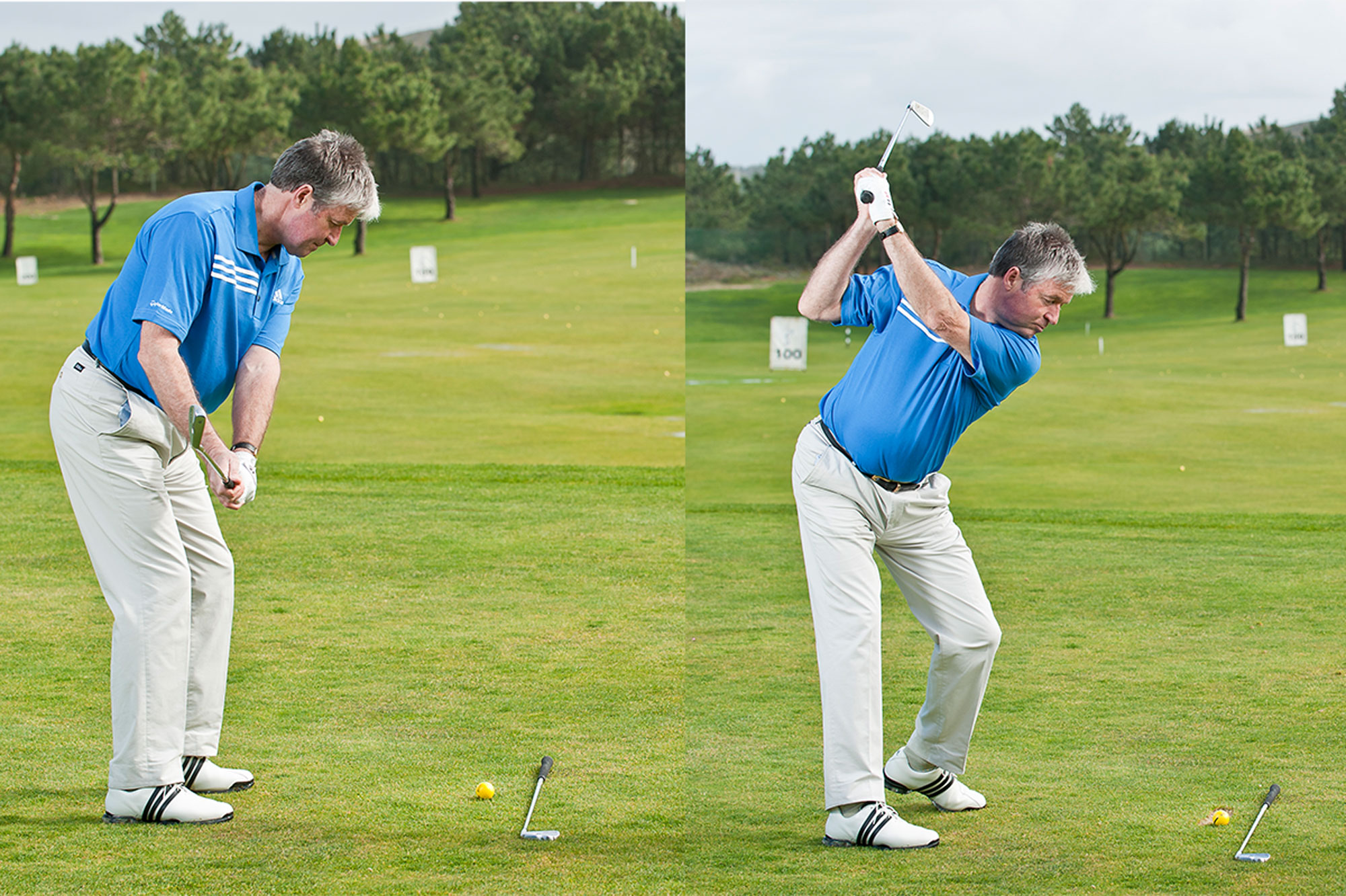 Andrew Reynolds demonstrating a short swing in the image on the left, around halfway through his backswing, and Andrew Reynolds demonstrating a longer swing in the image on the right, showcasing two key components of a golf warm-up