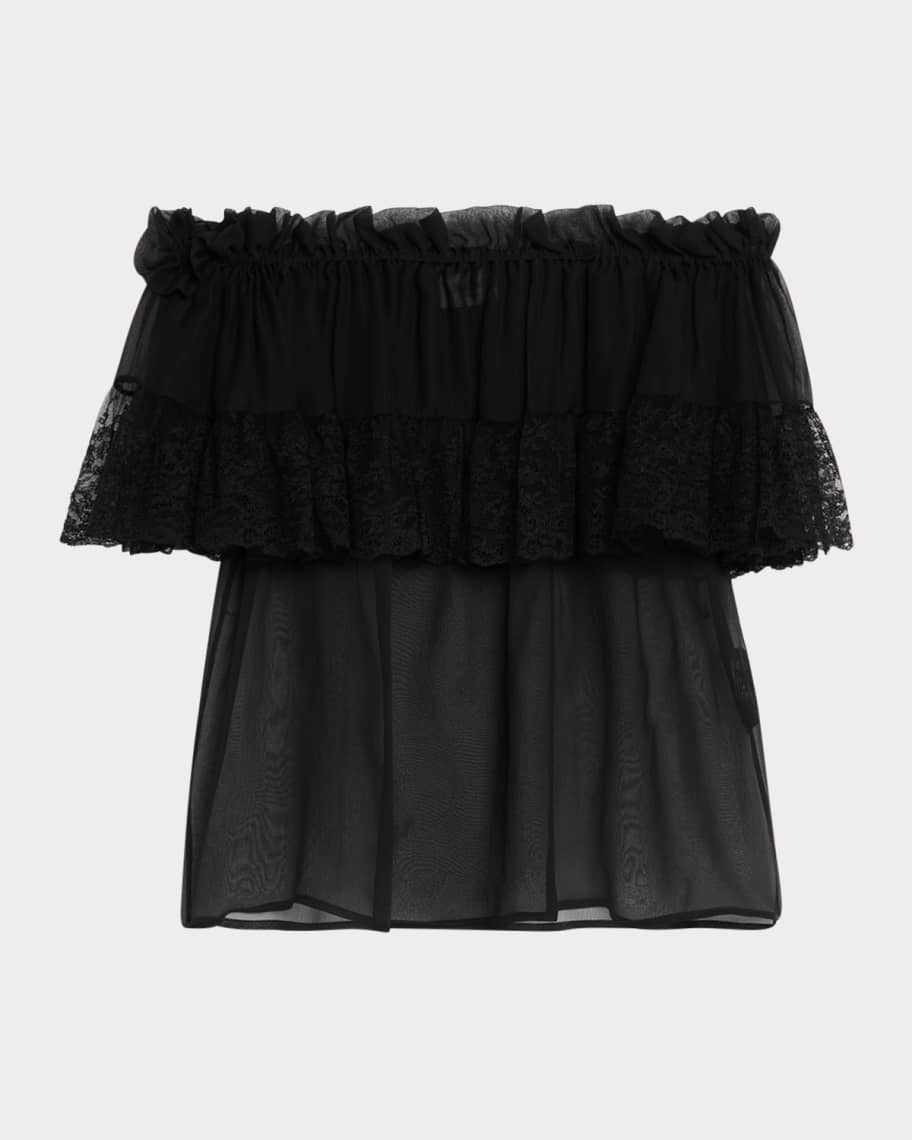 Lace Ruffle Off-The-Shoulder Silk Blouse