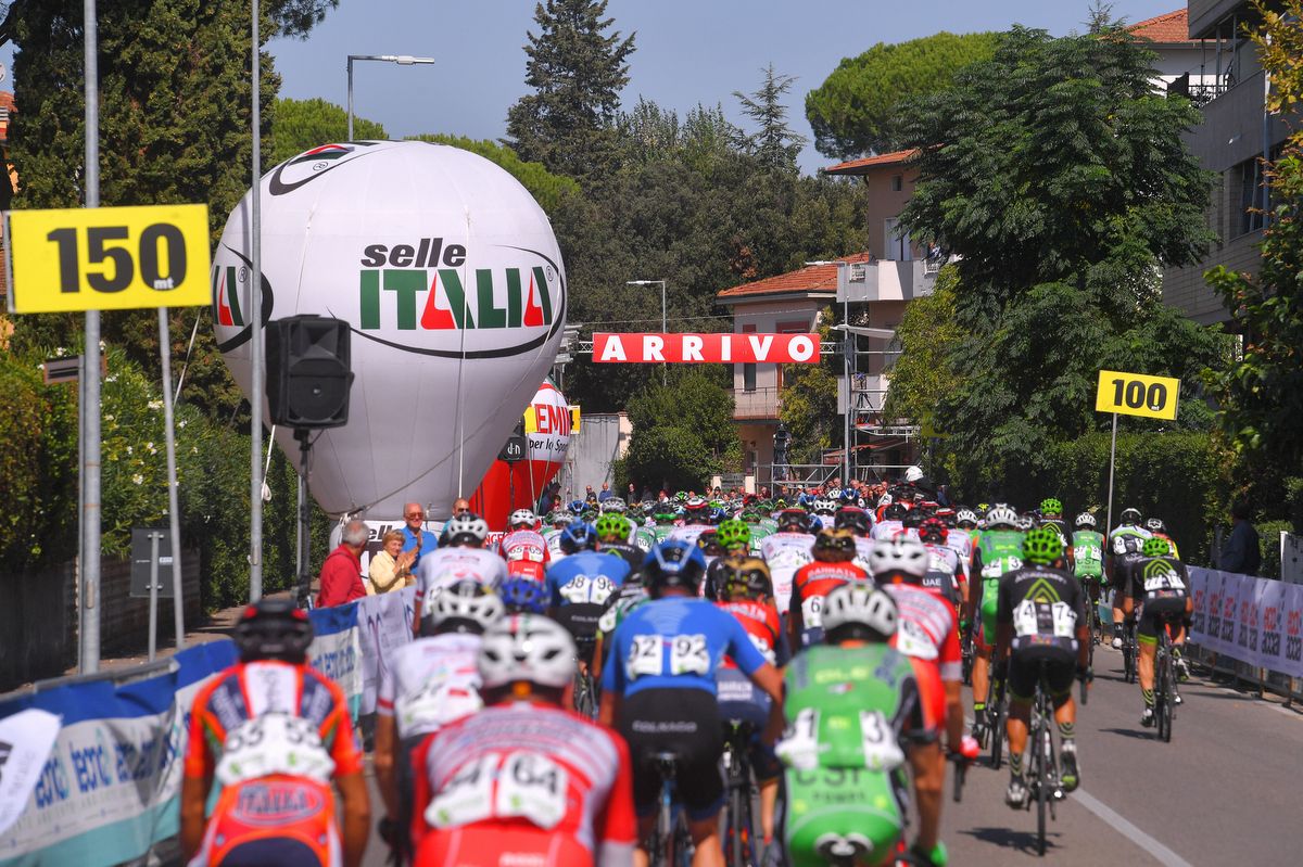 The riders approach the finish line
