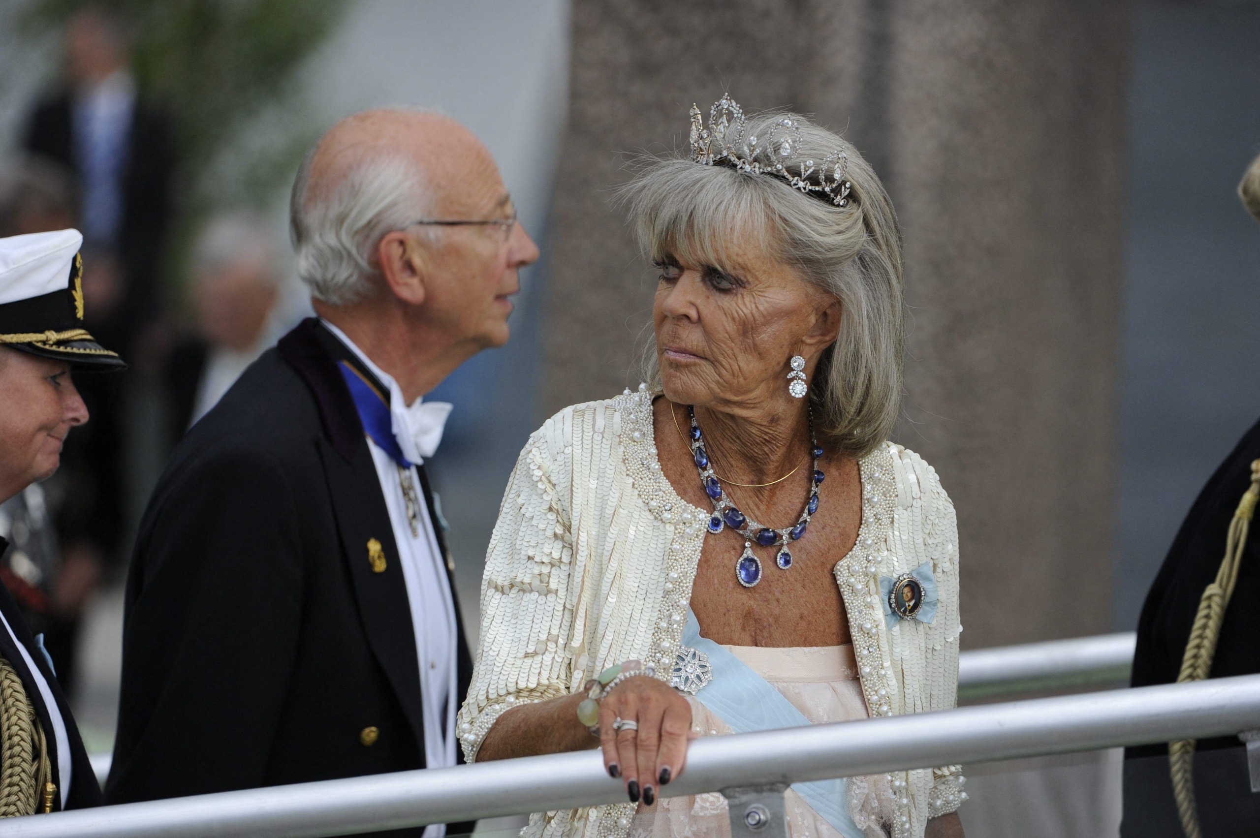 Princess Birgitta wearing a tiara and sapphire necklace
